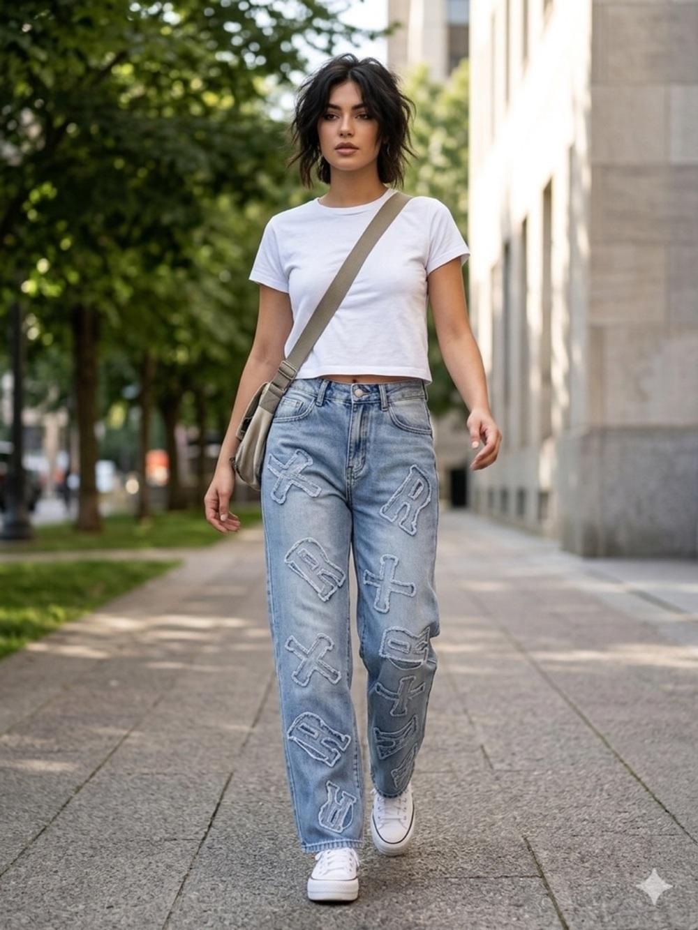 Light Blue Embroidered Patchwork Jeans - Women